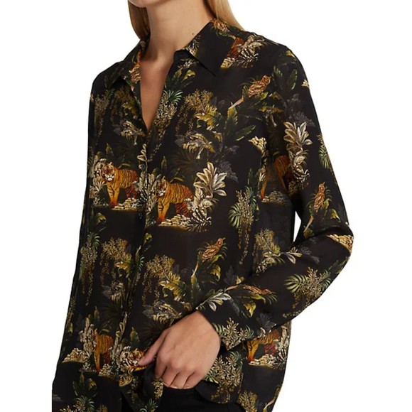 L'AGENCE Tops - L’Agence Nina Printed Silk Blouse Black Dark Forest Tiger Size XS
